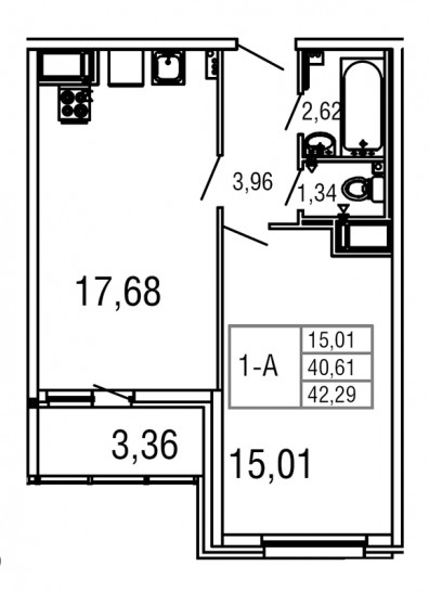 Однокомнатная квартира 42.29 м²
