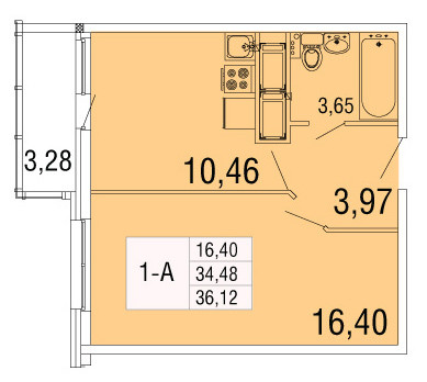 Однокомнатная квартира 36.12 м²