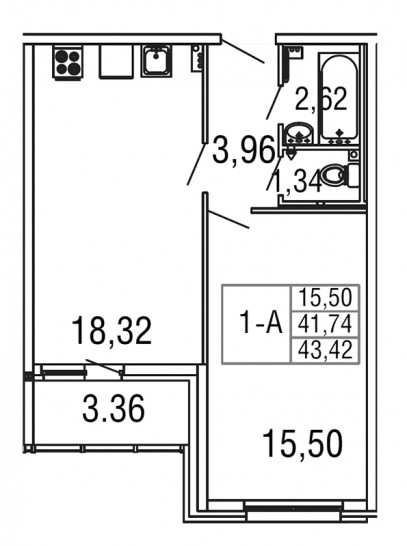 Однокомнатная квартира 43.42 м²