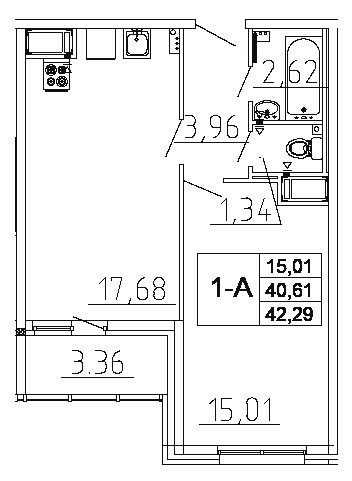 Однокомнатная квартира 42.29 м²